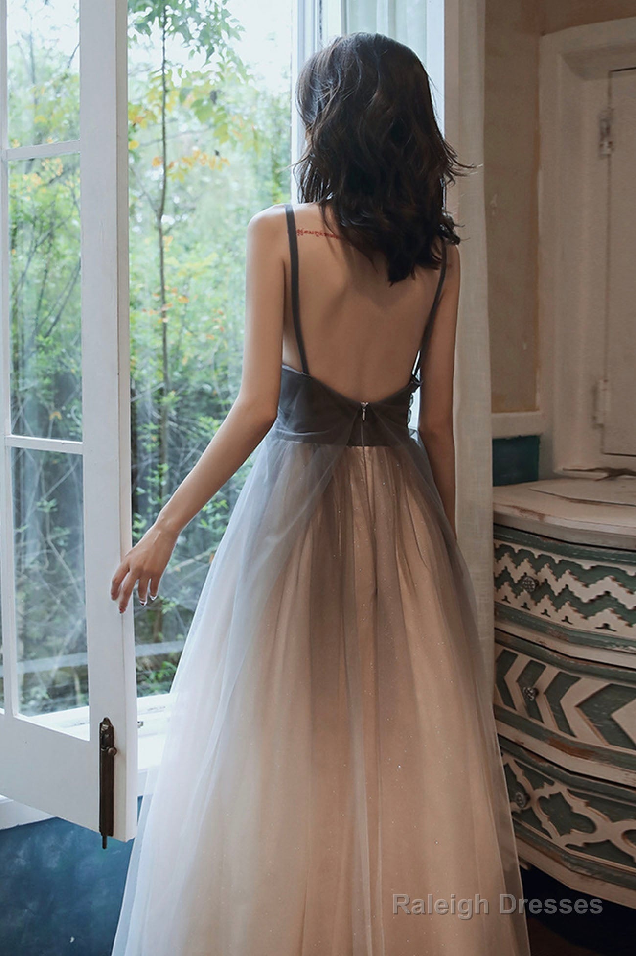 Gray Tulle Long Prom Dress, A-Line Backless Evening Dress