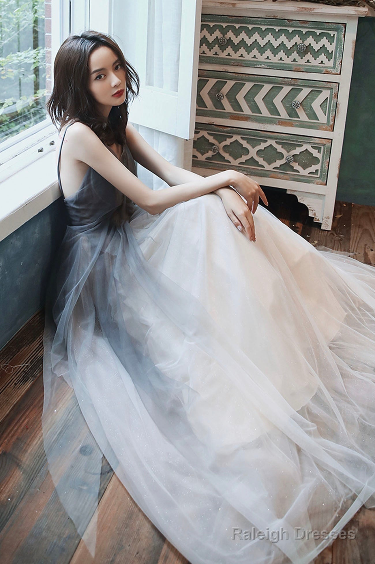 Gray Tulle Long Prom Dress, A-Line Backless Evening Dress