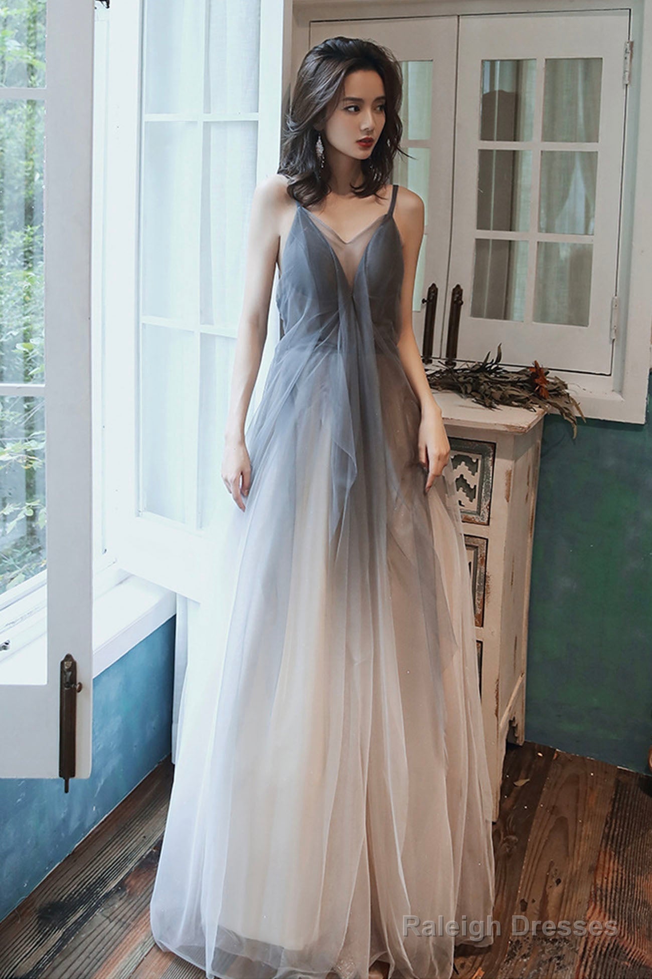 Gray Tulle Long Prom Dress, A-Line Backless Evening Dress Main image