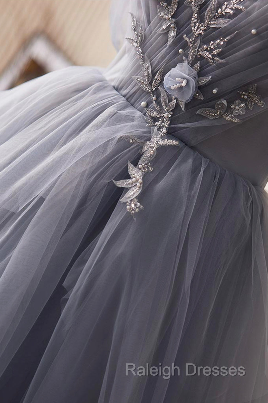 Gray Tulle Long Prom Dress, Off Shoulder Evening Dress Party Dress