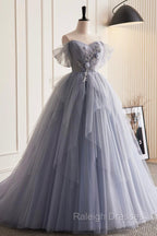 Gray Tulle Long Prom Dresses Off Shoulder Prom Dresseses