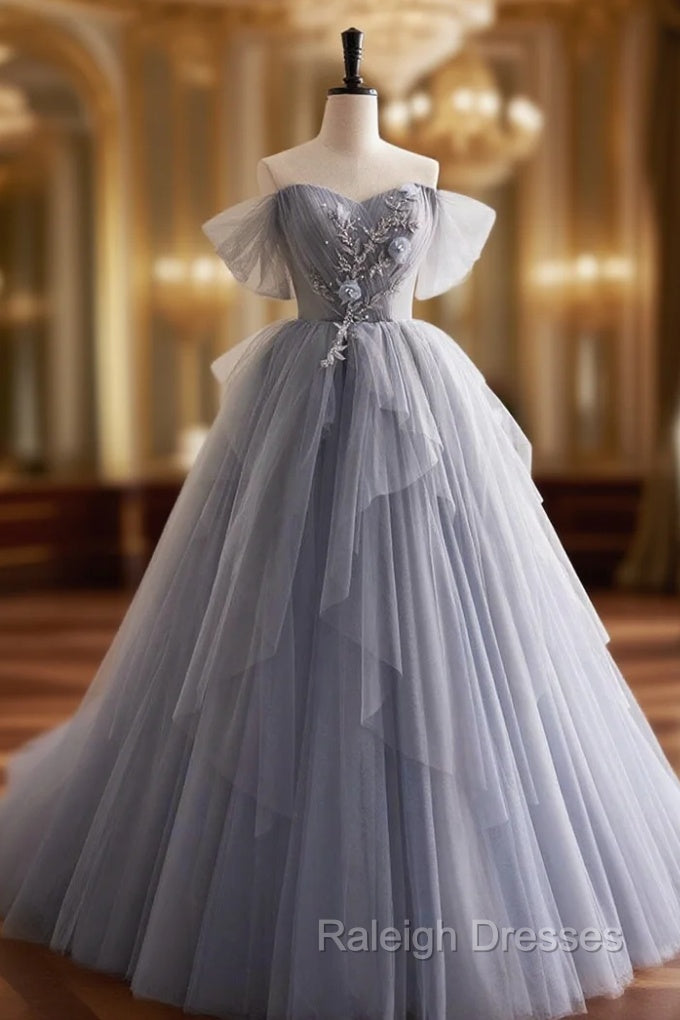 Gray Tulle Long Prom Dresses Off Shoulder Prom Dresseses