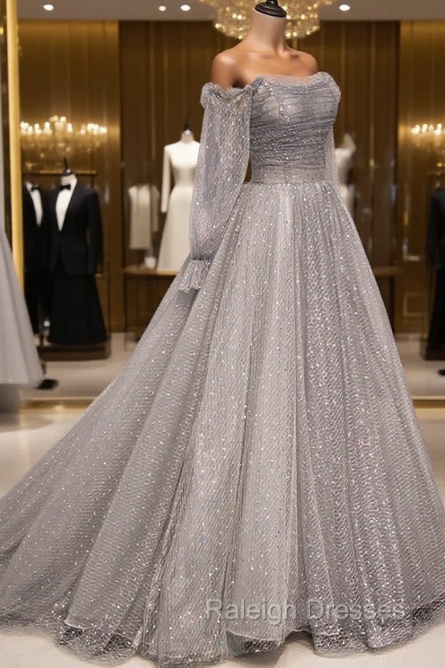 Gray Tulle Long Sleeve A-Line Prom Dress, Spaghetti Straps Formal Evening Dress Secondary image