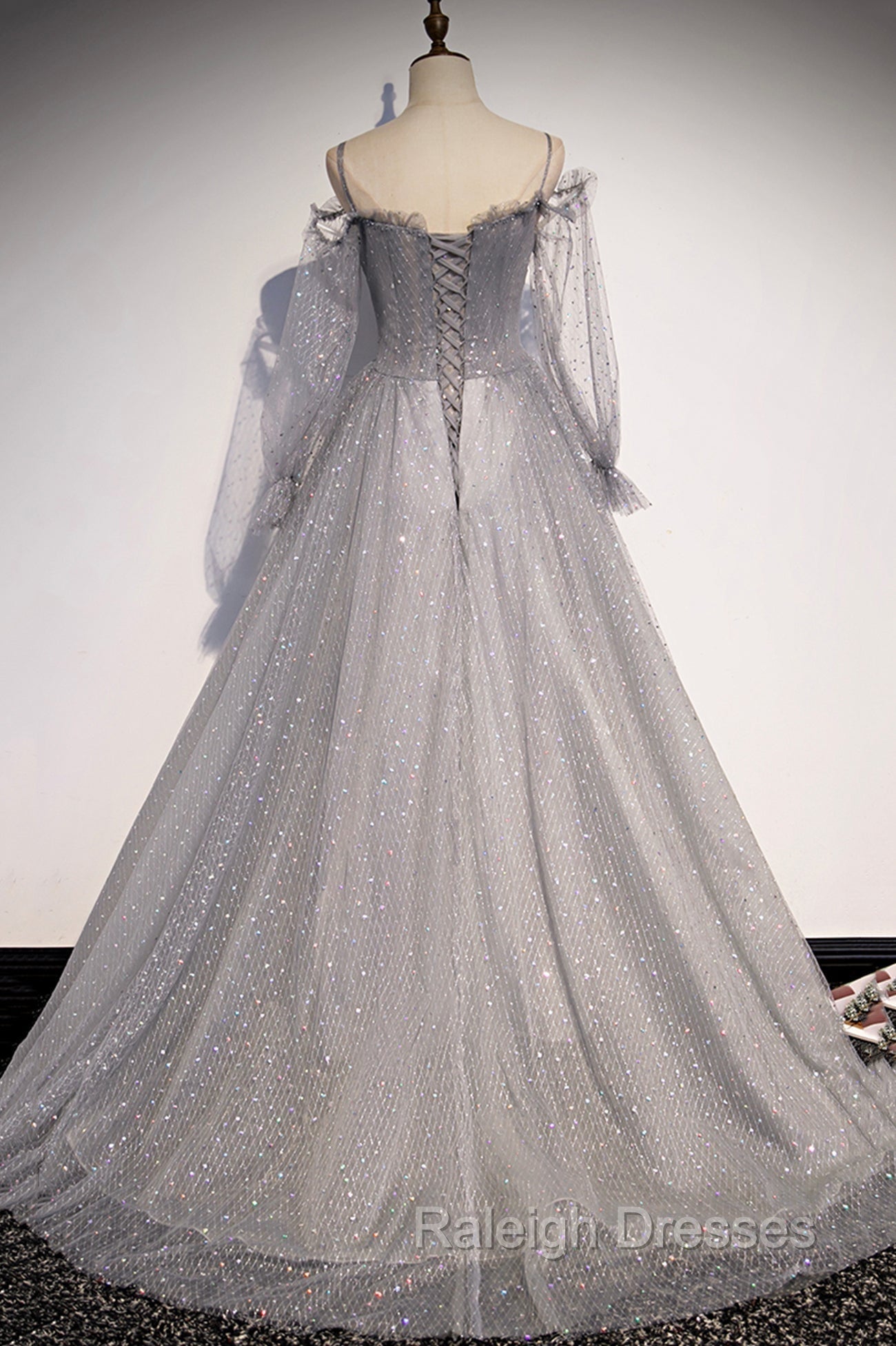 Gray Tulle Long Sleeve A-Line Prom Dress, Spaghetti Straps Formal Evening Dress