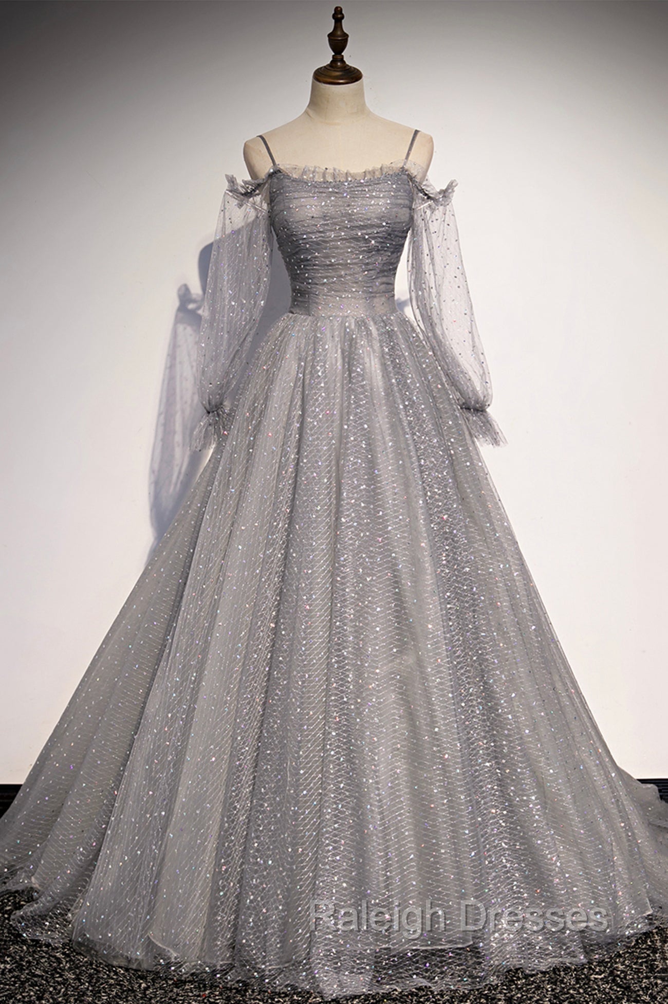 Gray Tulle Long Sleeve A-Line Prom Dress, Spaghetti Straps Formal Evening Dress Main image