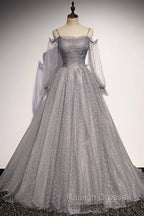 Gray Tulle Long Sleeve A Line Prom Dress, Spaghetti Straps Formal Prom Dress