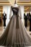 Gray Tulle Long Sleeve Pleats Beading Prom Dress