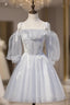 Gray Tulle Long Sleeve Pleats Homecoming Dress