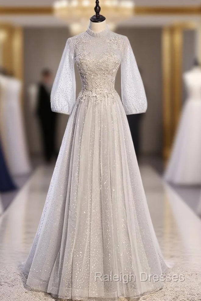 Gray Tulle Long Sleeve Sequins Beading Prom Dress Main image