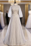 Gray Tulle Long Sleeve Sequins Beading Prom Dress