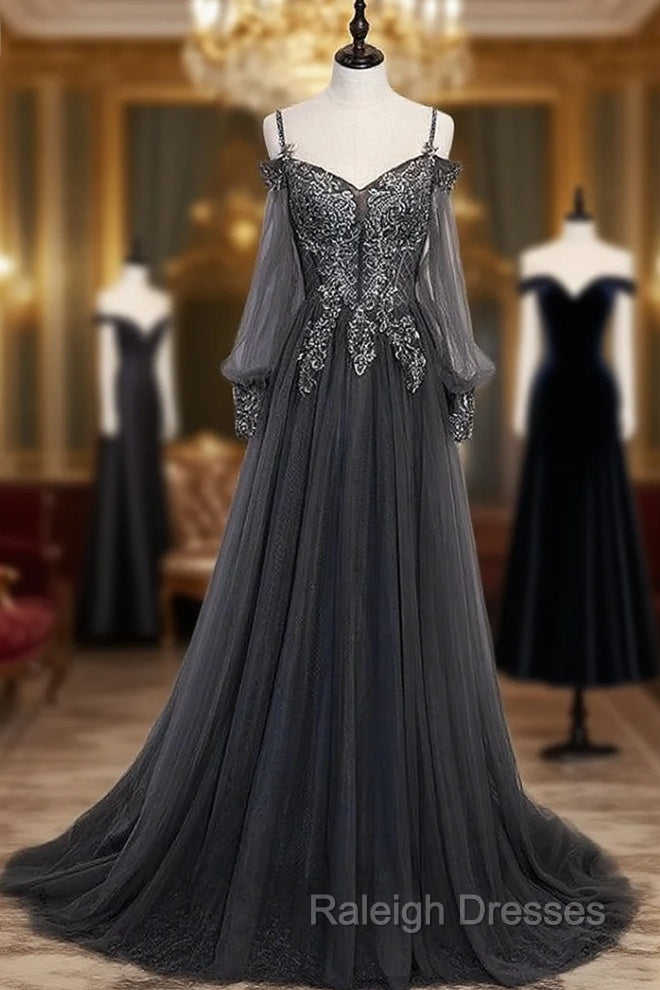 Gray Tulle Long Sleeve Spaghetti Straps Appliques Beading Prom Dress Main image