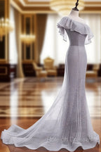 Gray Tulle Mermaid Long Prom Dress Gray Tulle Formal Dress