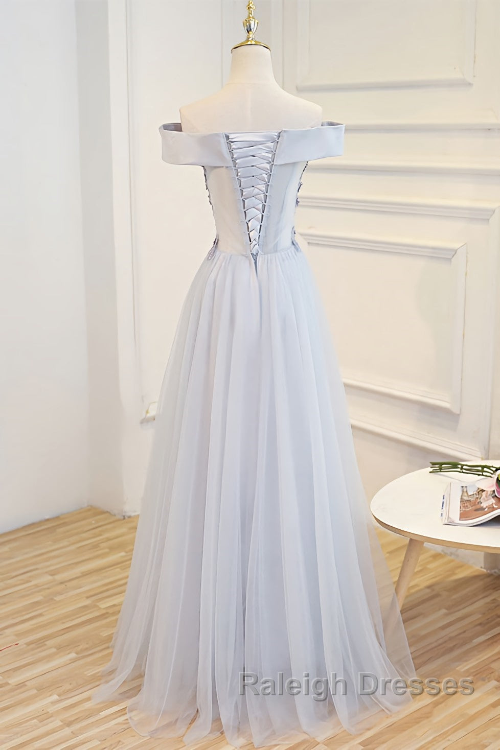 Gray tulle off shoulder lace long prom dress gray tulle formal dress Secondary image