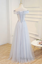 Gray tulle off shoulder lace Prom Dresses Long gray tulle Prom Dresses
