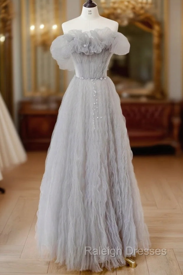 Gray Tulle Off Shoulder Long Prom Dress, Gray Evening Dress Main image