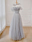 Gray tulle off shoulder long prom dress, gray tulle formal dress