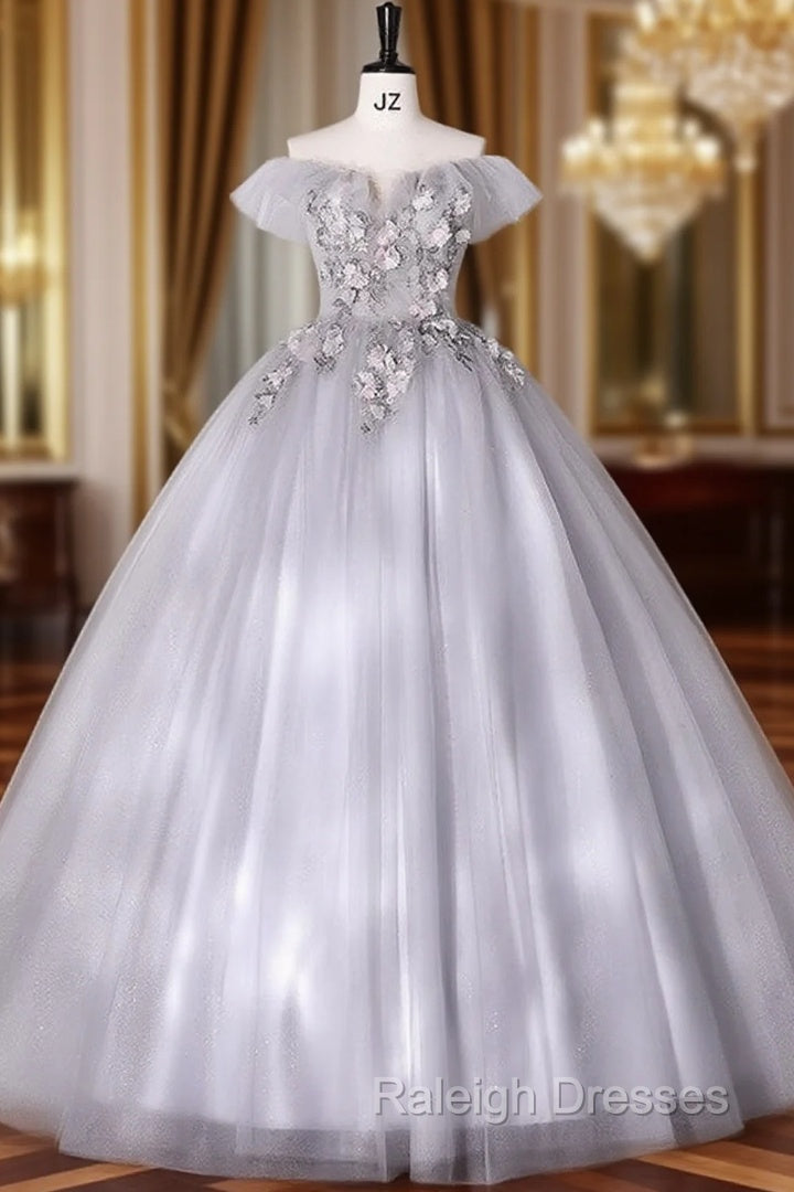 Gray Tulle Off the Shoulder Appliques Quinceanera Dress Main image