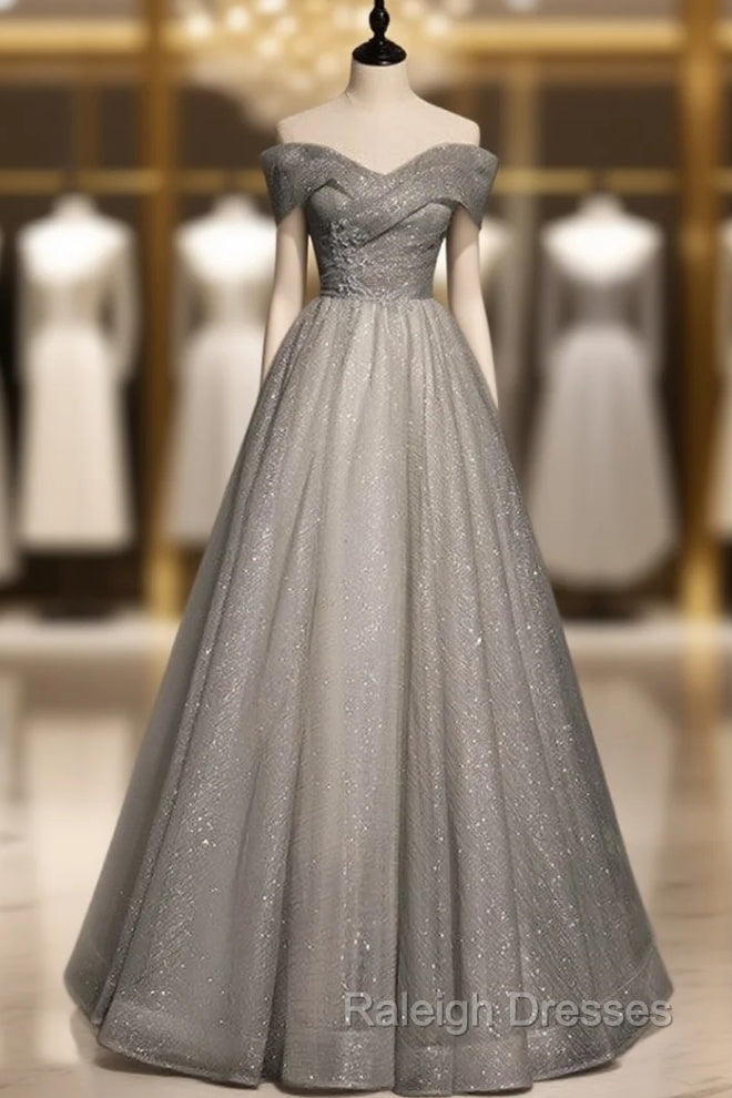Gray Tulle Off the Shoulder Beading Formal Prom Dress