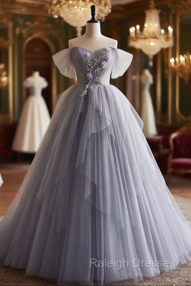 Gray Tulle Off the Shoulder Beading Off the Shoulder Prom Dress Main image