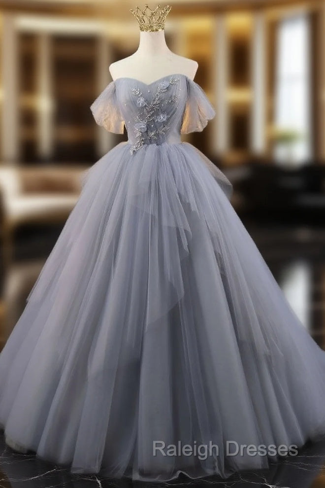 Gray Tulle Off the Shoulder Pleats Beading Prom Dress