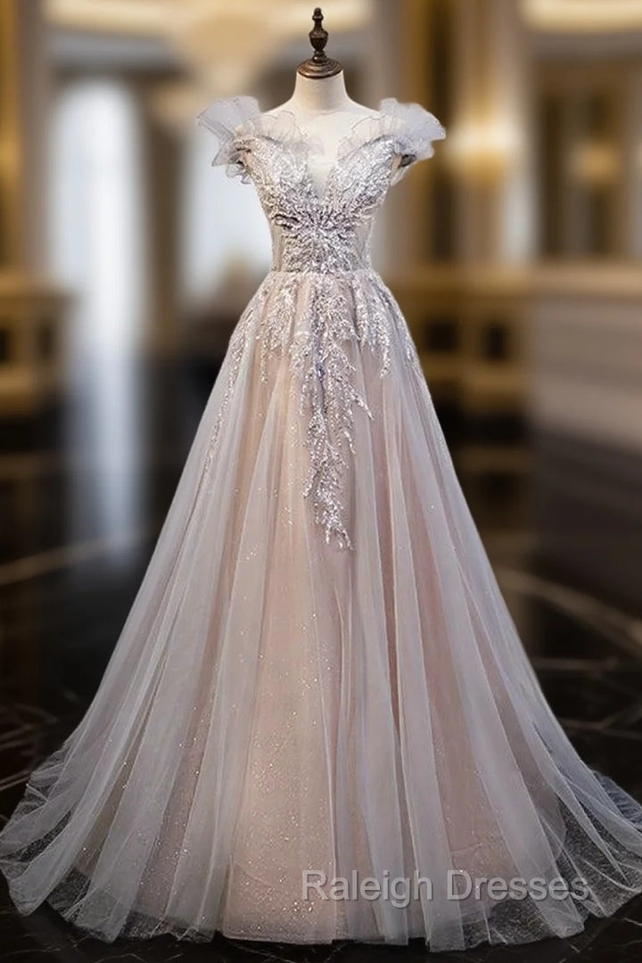 Gray Tulle Off the Shoulder Sequins Beading Prom Dress Main image