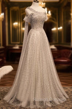 Gray Tulle One Shoulder Long Prom Dress, Gray Formal Graduation Dresses with Beading