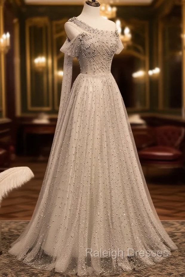 Gray Tulle One Shoulder Long Prom Dress, Gray Formal Graduation Dresses with Beading