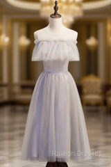 Gray Tulle Scoop Sequins Tea Length prom Dress