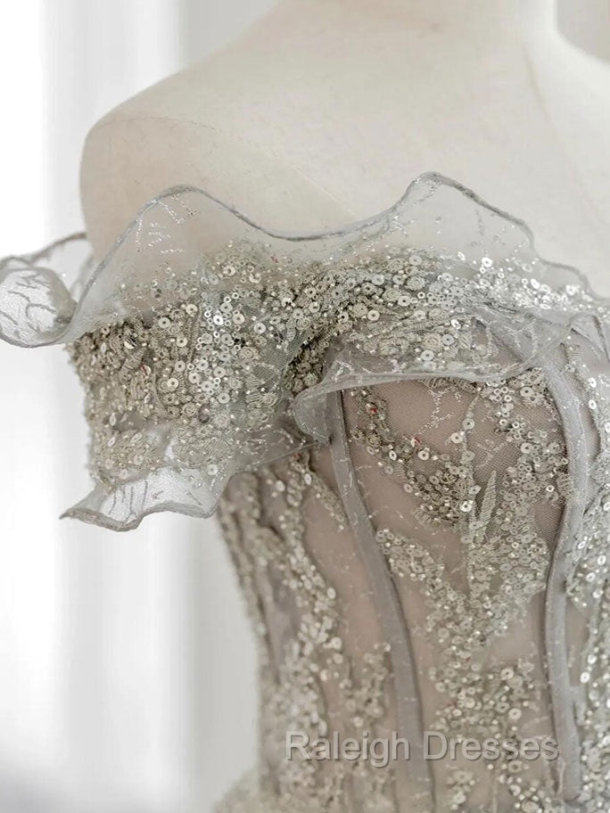 Gray Tulle Sequin Lace Off Shoulder Long Prom Dresses Gray Prom Dresses