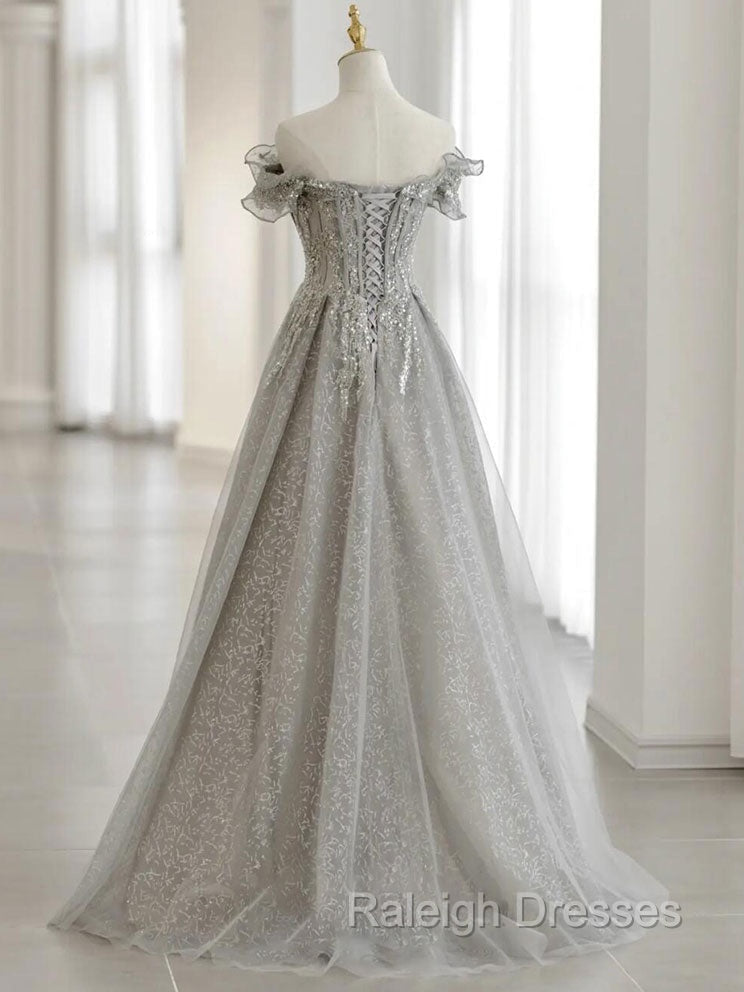 Gray Tulle Sequin Lace Off Shoulder Long Prom Dresses Gray Prom Dresses Secondary image