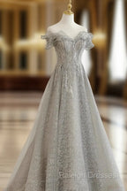 Gray Tulle Sequin Lace Off Shoulder Long Prom Dress, Gray Evening Dress