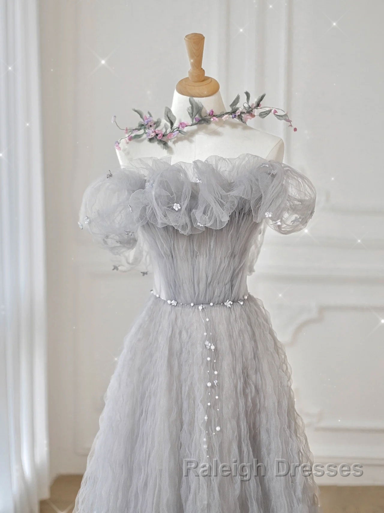 Gray tulle sequin long prom dress, gray tulle formal dress Secondary image
