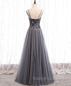Gray Tulle Sequin Long Prom Dress, Gray Tulle Formal Dress with Beading Sequin