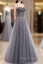 Gray Tulle Sequin Long Prom Dress, Gray Tulle Formal Dress with Beading Sequin