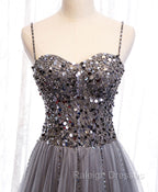 Gray Tulle Sequin Long Prom Dress, Gray Tulle Formal Dress with Beading Sequin