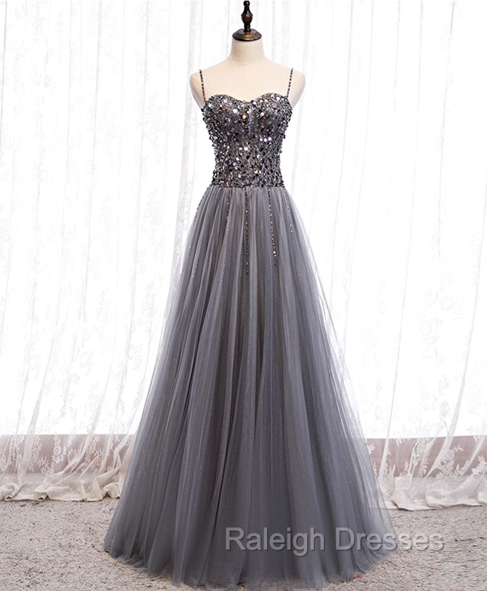 Gray Tulle Sequin Long Prom Dress, Gray Tulle Formal Dress with Beading Sequin Main image