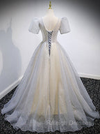 Gray Tulle Sequin Long Prom Dresses Gray Tulle Prom Graduation Dress