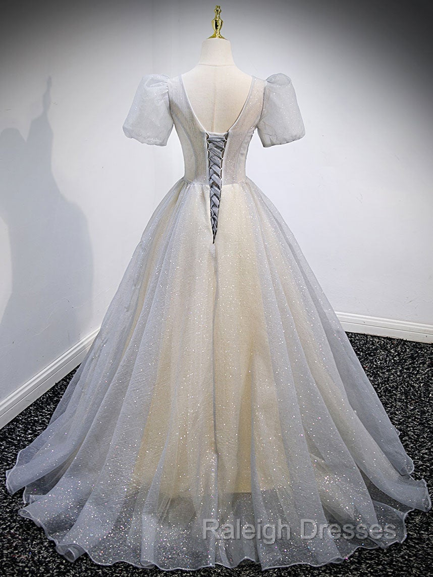 Gray Tulle Sequin Long Prom Dresses Gray Tulle Prom Graduation Dress