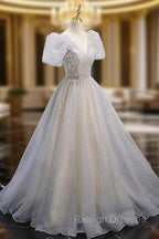 Gray Tulle Sequin Long Prom Dress, Gray Tulle Formal Graduation Dresses