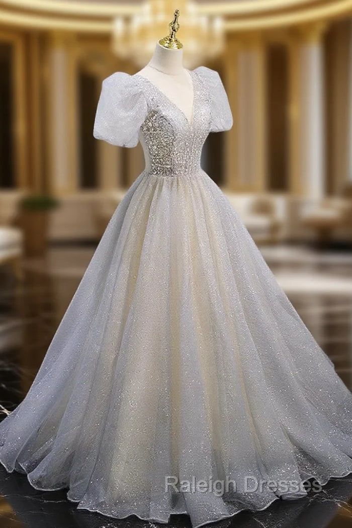 Gray Tulle Sequin Long Prom Dress, Gray Tulle Formal Graduation Dresses