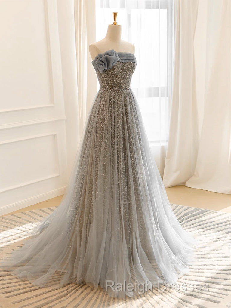 Gray Tulle Sequin Long Prom Dress, Gray Tulle Long Evening Dress Secondary image