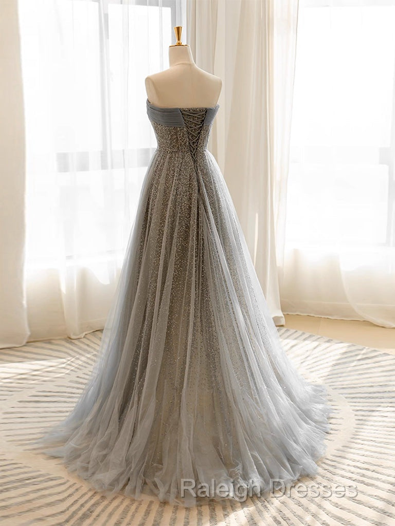 Gray Tulle Sequin Long Prom Dress, Gray Tulle Long Evening Dress