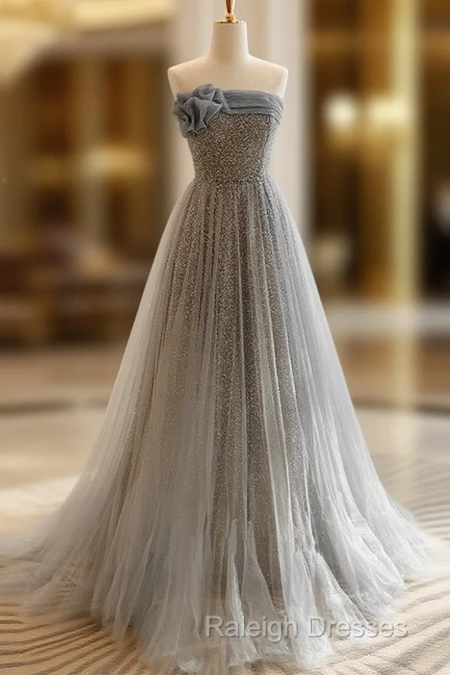 Gray Tulle Sequin Long Prom Dress, Gray Tulle Long Evening Dress