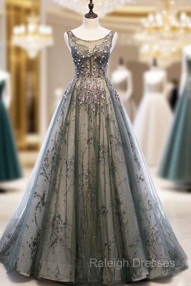 Gray Tulle Sequins Backless Sleeveless Prom Dress