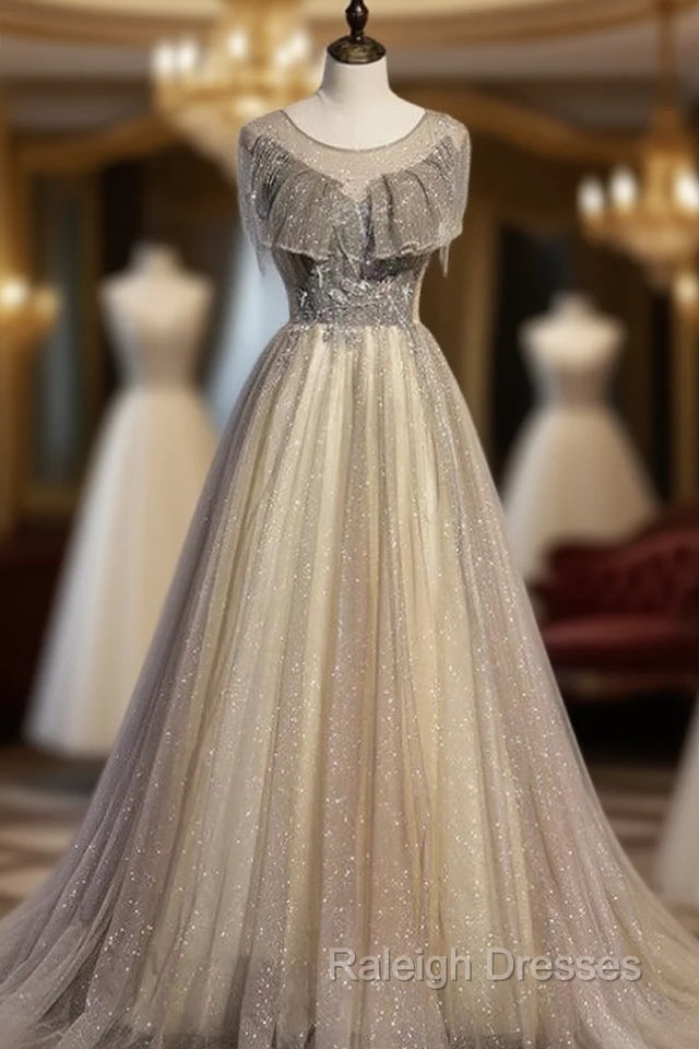 Gray Tulle Sequins Backless Tassel Beading Prom Dress Main image