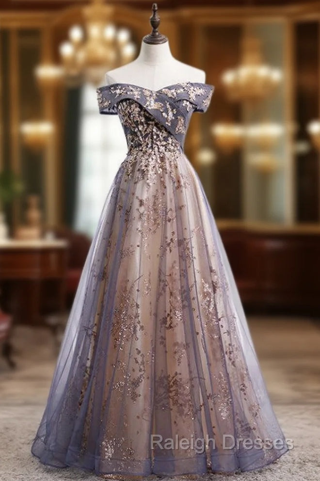 Gray Tulle Sequins Beading Off the Shoulder Prom Dress