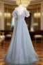 Gray Tulle Sequins Beading Prom Dress
