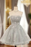 Gray Tulle Sequins Feather Homecoming Dress