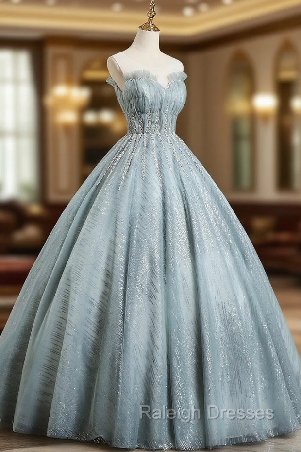 Gray Tulle Sequins Floor Length Prom Dress, A Line Prom Prom Gowns