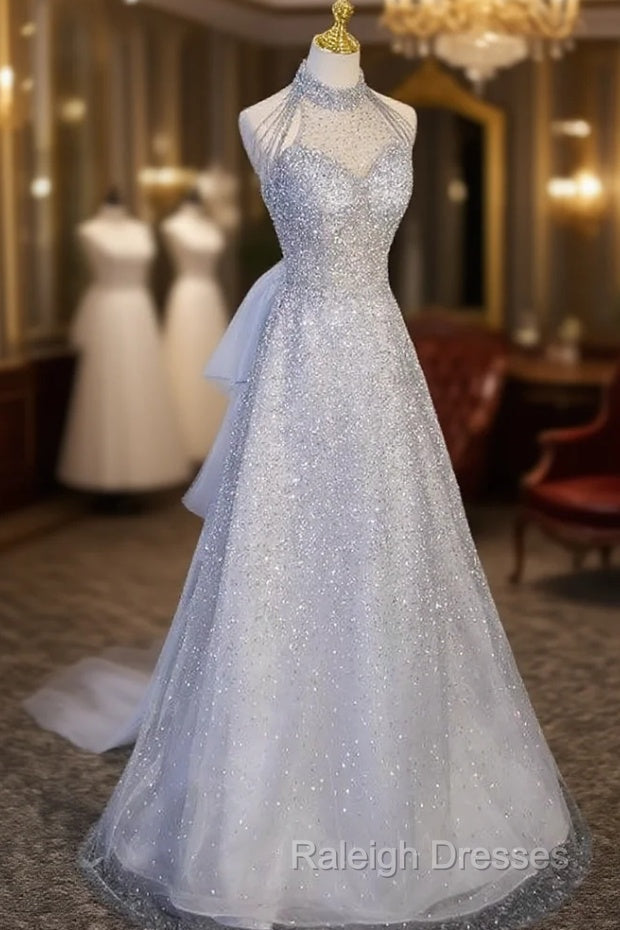 Gray Tulle Sequins High Neck Beading Prom Dress